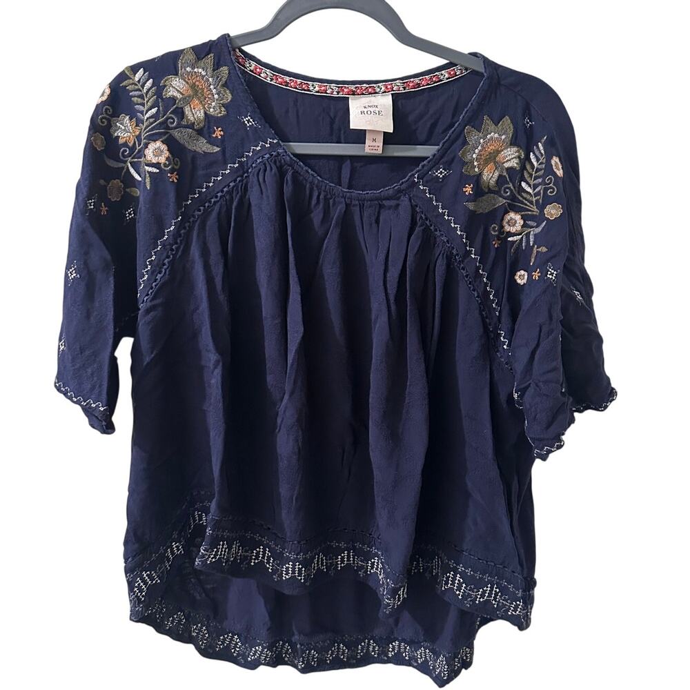Knox Rose Navy Blue Embroidered Floral Boho Scoop Neck Peasant Top Rayon M - Picture 2 of 8